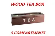 Brown 5 Compartments Wooden Tea Coffee Bag Storage Box Glass Top Container Chest Tin