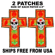2 Sugar Skull Cross Patches Religious Embroidered Iron-On Sew-On Patch Applique
