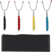 Lyfengdeam Barbecue Forks-4 Pack Marshmallow Roasting Sticks Extendable Stainless Steel U Shape Hot Dog Fork Toasting for Fire Pit and BBQ Telescopic Forks ((Black, Red, Yellow, Blue)