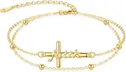 [Midir&Etain] Faith Cross Bracelet 925 Sterling Silver 14K Gold Plated Rosary Layered Anklet Double Layer Religious Catholic Jewelry Christian Gifts for Women, One Size, Sterling Silver, no gemstone