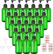 Tanlade 24 Pcs 8 oz Glass Pump Bottle Empty Bottle Glass Soap Dispenser with Pump Refillable Containers and Labels Funnels for Essential Oils Cleaning Products Lotions Conditioner(Green)