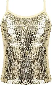 [RUNQHUI] Girls Dance Tank Tops Kids Sparkly Sequined Camisole Spaghetti Strap Camis Undershirts Dance Clothes