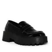 Wild Diva Women's Patent Chunky Heel Platform Slip-On Penny Loafer Flats