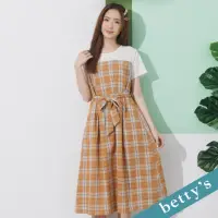 在飛比找momo購物網優惠-【betty’s 貝蒂思】格紋拼接綁帶洋裝(深橘)