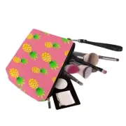 Yellow Line Pineapples Pink Portable Large Travel PU Leather Makeup Pouch