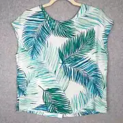 Tahari Linen Top Womens Small Blue Green Palm Tropical Button Up V Back Blouse