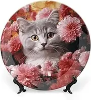 Decorative Flower Cat Plates, Decorative Ceramic Dishes for Display, Boho Style Dinner Plate with Display Stand, China Dish for Home Decor