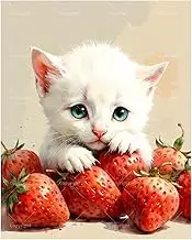 TAOPAOLAB Animal Paint by Numbers Kit for Adults - DIY White Kitten and Strawberries Painting on Canvas 16x20 Inches, Acrylic Paint Set, Suitable for Beginners, Cute Art for Home Decoration or Gifts