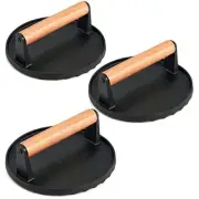 3PC Smash Burger Press 7 Inch Cast Iron Grill Press with Wood Handle Round Ba...