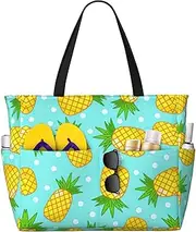 [Ghjkfbf] Fresh Pineapple Print Large Capacity Beach Travel Bag For Family, Beach Tote Bag For Women With Zipper Pockets, Black, One Size