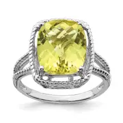 Sterling Silver Rhodium Checker-Cut Lemon Quartz Gemstone Birthstone Ring Fine Jewelry Gift for Her