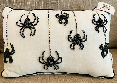 White Dangling Black Knot Spiders Beaded Web Thread Pillow Halloween Decor 20x13