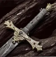 Hand Forged Damascus Steel Knights / Excalibur / Crown Sword with Leather Sheath