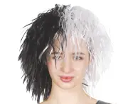 EVIL LADY WIG Messy Curly Hair Costume Dalmatian Villain Fancy Dress Accessory - Black/White
