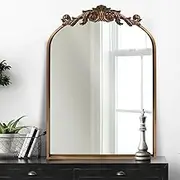 OUSHUAI Gold Traditional Vintage Ornate Baroque Mirror,Gold Brass Mirror for Wall,Victorian Antique Bronze Mirror Arched for Bathroom/Living room/Hallway/Fireplace 19"X27"