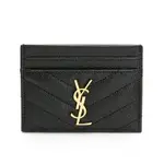 YSL SAINT LAURENT MONOGRAM系列V字縫線金屬LOGO魚子醬名片票卡夾（黑）