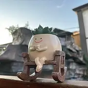 ﻿Swinging Smiley Face Plant Pot, Cute Head Swing Planter Pot, Unique Swinging Sit Rocking Chair Flower Pot Holding Coffee in Hand, Small Resin Flower Pots Indoor & Outdoor for Succulent, String, Pearl
