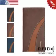 RFID Mens Long Billfold Leather Wallet Checkbook Card Cash Holder Purse Handbag