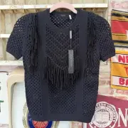 $348 NWT ELIE TAHARI Lena Sweater Black Fringe Knit Top Sz XS