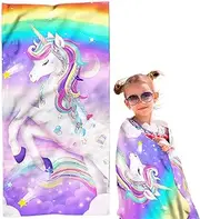 Unicorn Beach Towel for Girls, Rainbow Microfiber Towels for Kids Women 30" x 60", Purple Pink Sand Free Quick Dry Bath Pool Swim Towel for Travel