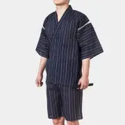 Mens Japanese Pyjama Suit Yukata Jinbei Traditional Kimono Nightwear Stripe Cosy