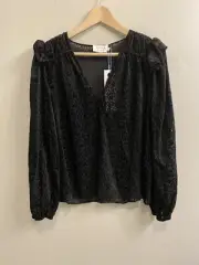 TANYA TAYLOR Sz Small Black Lucy Devore Velvet Burnout Pullover Blouse $365