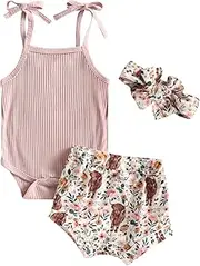 [Kuriozud] Newborn Infant Baby Girl 2 Piece Summer Outfits Tank Romper Top + Ruffle Bloomer Shorts Set Clothes