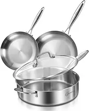 [LOLYKITCH] Whole Body Tri-Ply Stainless Steel Deep Frying Pan Set of 3,Saute Pan Set,Compatible with All Kinds Of Stoves,Oven Resistant & Dishwasher Safe(8-10-12inch) Silver
