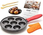 KUHA Cast Iron Aebleskiver Pan for Authentic Danish Stuffed Pancakes - Complete with Bamboo Skewers, Silicone Handle and Oven Mitt