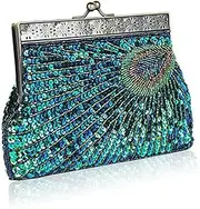 [Healeved] Blue Sequin Evening Clutch Handbag for Women Retro Fashion Pouch with Embroidery Design for Parties Weddings and Formal Events Capacity for Phone Wallet