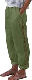 Cotton Linen Pants Womens High Waist Comfy Breathable Summer Pants Casual Lightweight Loose Trousers with Pockets