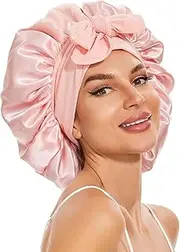 Large Silk Bonnet Sleeping Satin Hair Bonnet for Sleeping with Tie Band Double Layer Satin Bonnets Women Natural Curly Hair Shower cap (Pink)