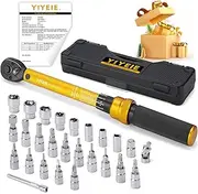 YIYEIE 1/4 Inch Drive Bike Torque Wrench, 1-25 Nm (10-222.5 in.lb), 27 PCS Click Bicycle Torque Wrench with Bit Sockets, 0.1 Nm Micro, 72-Tooth Ratchet, 3/8 Adapter, for MTB, E-Bike, Motorcycle