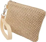 CREATCABIN Beige Cosmetic Bag Woven Straw Bohemian Style Beach Straw Purses Portable Storage Clutch Bags for Holidays and Travel for Outdoor Camping Toiletries 21 x 15 cm