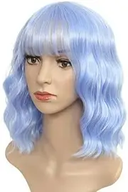 Light Blue Wig European And American Women'S Fashionable Chemical Fiber Headband With Bangs, Short Curly Hair, Water Ripples