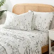 [Zusbest] Off White Floral Sheets Queen 100% Cotton Wildflower Bed Sheet Set Green Leaves Printed French Country Aesthetics Bedding Luxury Percale Sheets Soft Deep Pocket Fitted Sheet 17.5'', 4 Pcs