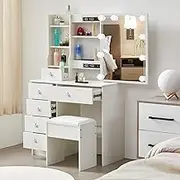 Buildonely Modern Vanity Set with Mirror and Lights, 5 Storage Drawers 6 Shelves Makeup Table for Bedroom, Vanity Table with Soft Stool for Girls and Women, White