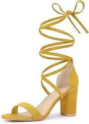[Allegra K] Women's Open Toe Lace Up Chunky High Heels Sandals