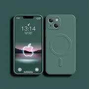 for Magnetic Wireless Charge Case for iPhone 14 13 12 11 15 Pro Max Mini XR X S 7 8 Plus Soft Liquid Silicone Back Cover,Green,for iPhone13Mini