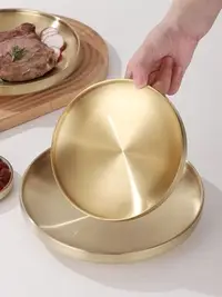 在飛比找Yahoo!奇摩拍賣優惠-304不銹鋼特厚啞光雙層金色圓托盤商用餐廳創意韓式店圓餐盤餐