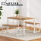 Artiss 3pcs Dining Set Bar Table and Benches Cafe Pub Natural White Metal Frame