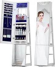 Dystler 360 Swivel Jewelry Cabinet with Full-Length Mirror, Standing Mirror with Jewelry Storage Organizer & 4-Tier Shelves, White