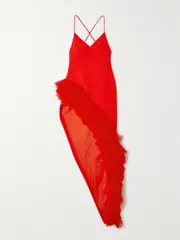 [DAVID KOMA] DAVID KOMA - Asymmetric Tulle-trimmed Wool-crepe Midi Dress - Red - UK 6 UK 6 Red