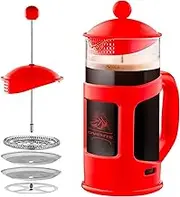 Ovente French Press Coffee Maker 12 Ounce, Heat Resistant Borosilicate Glass with 4 Filter Stainless-Steel System, BPA-Free Portable Pitcher Perfect for Hot & Cold Brew, Red FPT12R