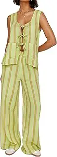 [ROAONOCOMO] Women Y2K Tie Front 2 Piece Pants Outfit Striped Open Front Vest Top Wide leg Lounge Pants Summer Going Out Set
