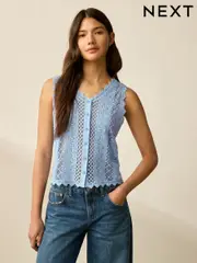 Blue Pale Stitch Lace Mesh Button Up Tank Waistcoat (AV1683) | $60