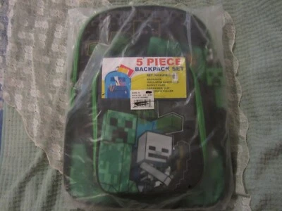 MIP NEW Minecraft 5 Piece Backpack Set, Pack Lunch Bag Supply Case Mine Craft