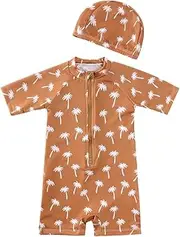 [DEFAHN] Toddler Boy Swimsuit One-Piece Zipper Rashguard Sunsuit Swimwear Half Zip Up Bathing Suit 9Months-5T, Coconut Tree, 12-24 Months