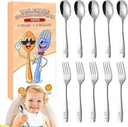 Kids Forks and Spoons - Kitchen Silverware Sets - Easy Grip Dinosaur Engraved Tableware, Stainless Steel 5 Forks and 5 Spoons for School Lunch Dining Home