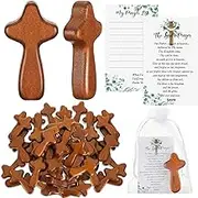 Kigley 60 Set Mini Wood Holding Crosses Bulk 60 Small Pocket Hand Crosses 60 Prayer Cards 60 Bags for Christmas Christian Church Jesus Cross Gift Bulk (Leaves,Organza)